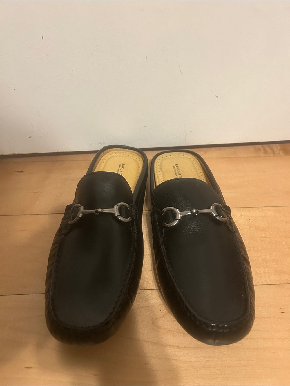 Saks Fifth Avenue Black Leather Slip-On Horsebit Mules